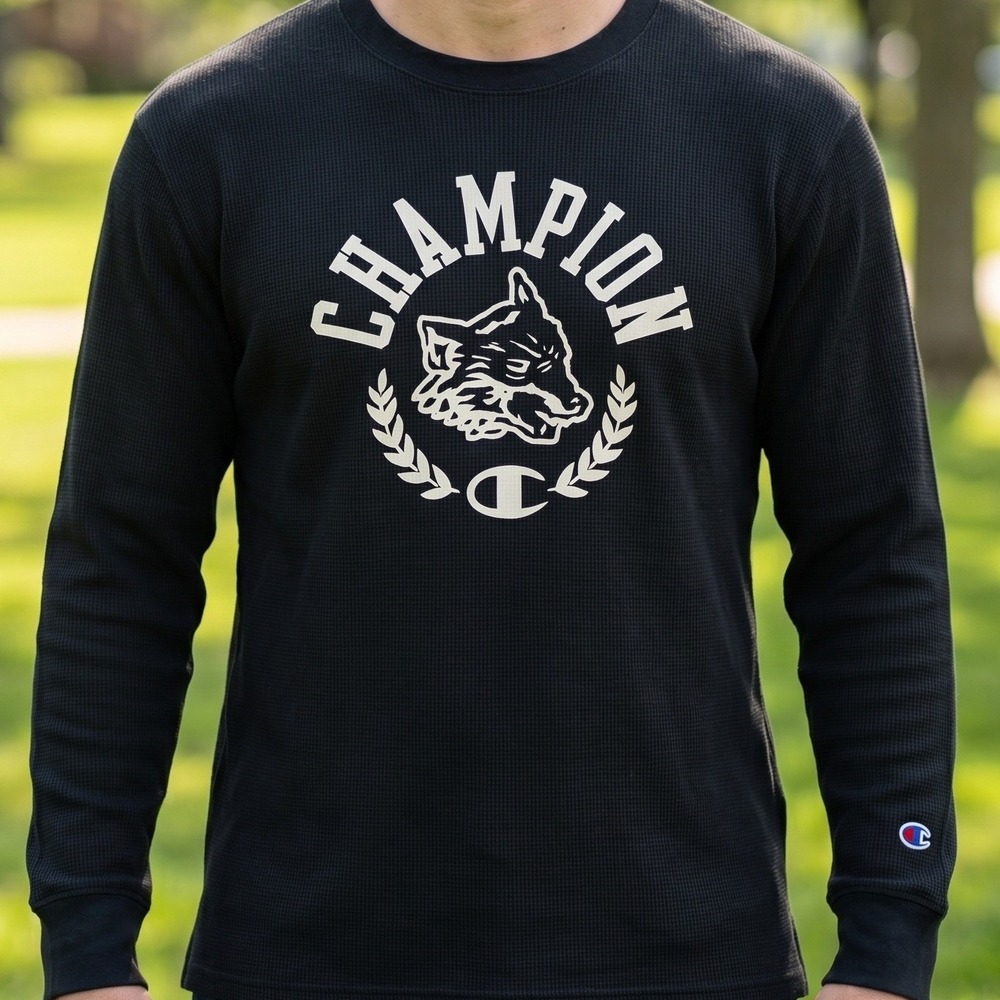 Champion Mens Black Waffle Knit Thermal Long Sleeve Wolf Graphic Shirt